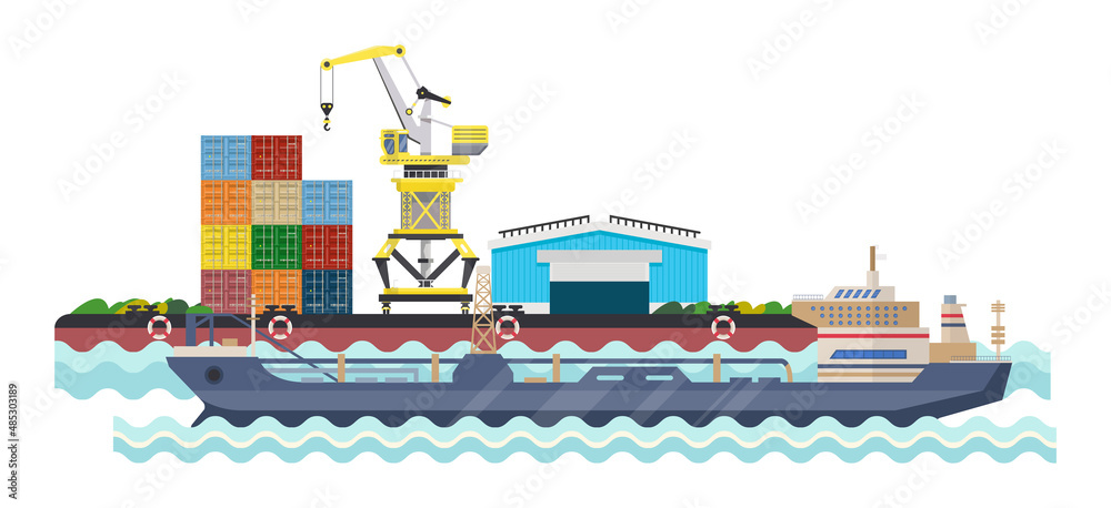 Detailed illustration of a moored barge in a sea port.