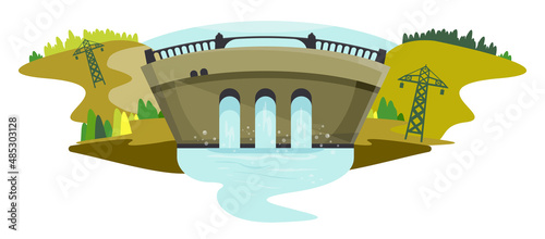 Detailed illustration of a reservoir. Water dam.