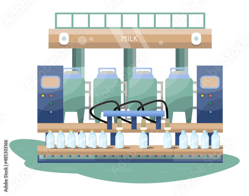 Detailed illustration of dairy production. Conveyor with milk bottles.