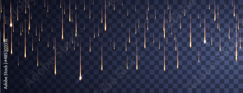Shimmering golden particles. Meteor Rain. Falling glowing comets on transparent background. Light of falling of a meteorite asteroid, comet