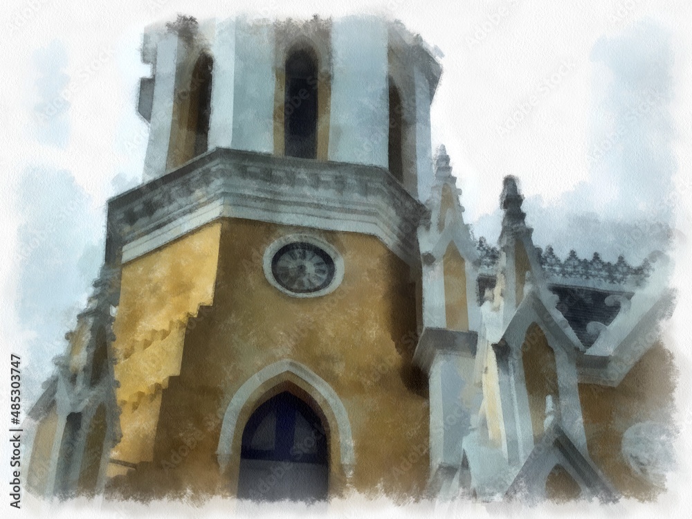 Obraz premium Ancient Christian Church, European Architecture, Gothic Style, Yellow watercolor style illustration impressionist painting.