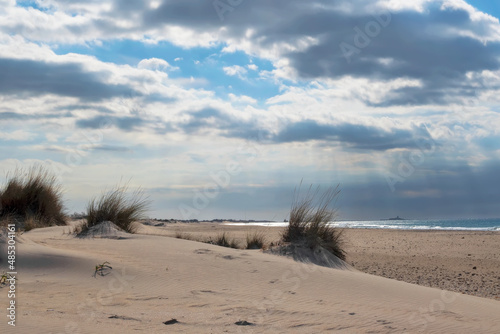 sun and clouds on a beautiful empty calm beach with dunes and the sea
