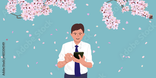 A businessman operating a smartphone under the cherry blossoms in full bloom. copy space  vector illustration  web banner  header  sign  poster  flyer  card  ad  graphic  blue  pink 
