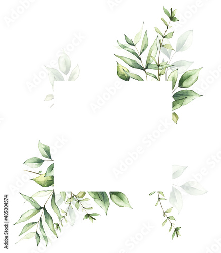 Delicate greenery square frame template watercolor painted. Branches  green leaves. Wedding ready design.