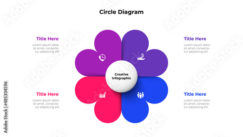 Diagram with four parts in the form of a heart with a circle in the center. Slide for business presentation. Cycle infographic element divided into 4 options