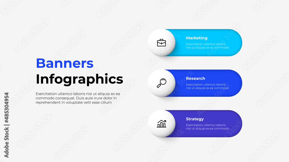 Three horizontal rounded banners infographic slide in the form of a switch. Concept of business project visualization with 3 options Three horizontal rounded banners infographic slide in the form of a switch. Concept of business project visualization with 3 options