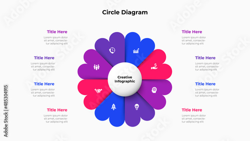 Diagram with eight parts in the form of a heart with a circle in the center. Slide for business presentation. Cycle infographic element divided into 8 options