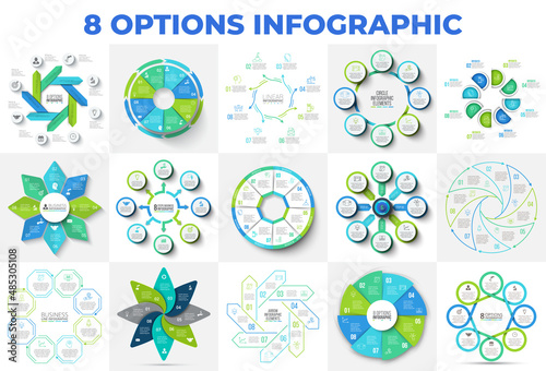 Huge diagrams set with 8 options, steps or parts. Circles, arrows, octagons and line infographics for presentations, advertisements or websites