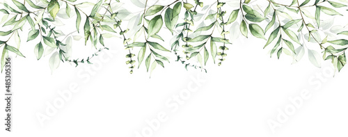 Watercolor painted greenery frame template. Bouquet with green branches and leaves. Seamless border