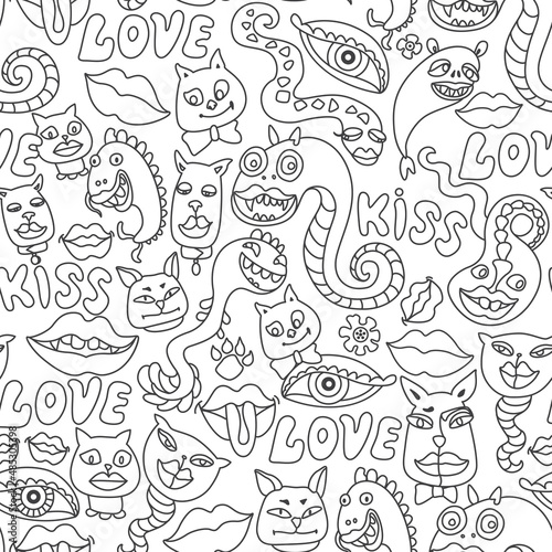 Seamless pattern of Vector dragons, cat and dog faces, lips and Love. Hippie print, coloring book page for adults and children