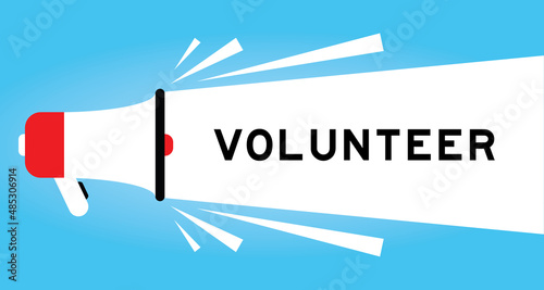 Color megphone icon with word volunteer in white banner on blue background