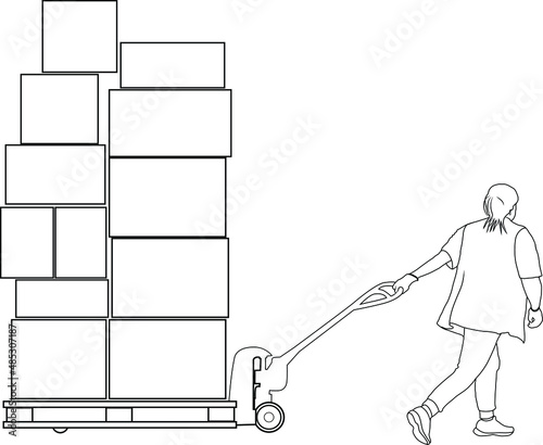 Woman worker transports boxes on hydraulic trolley vector illustration