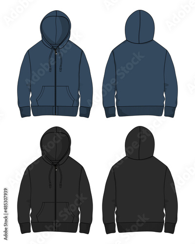 Hoodie. Technical fashion flat sketch Vector template. Cotton fleece fabric Apparel hooded sweatshirt illustration black, Navy color mock up. Clothing outwear jumper Front, back. Men, unisex top CAD.