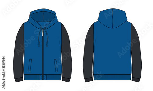 Two tone Black, blue Color long sleeve hoodie with Zipper technical fashion Drawing sketch template front and back view. apparel dress design vector illustration mock up jacket CAD. 