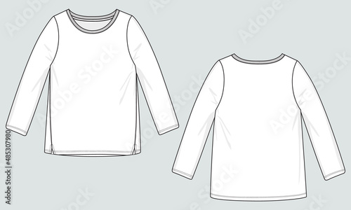 Long sleeve Crew neck Technical Fashion Flat Sketch Template Front and back view.  Modern stylish dress design Mock up Cad for ladies.