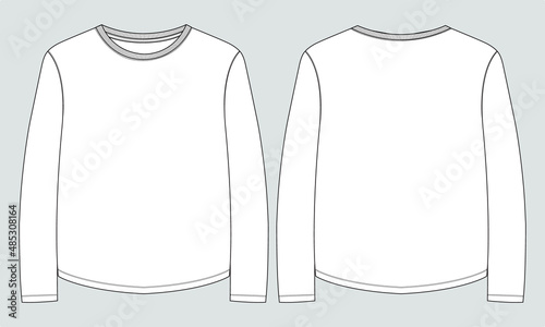 Relax fit Long Sleeve T-Shirt overall technical Fashion Flat Sketch vector template for Women's. Apparel design blank t shirt mock up front, back views isolated on Grey background. Easy editable. 