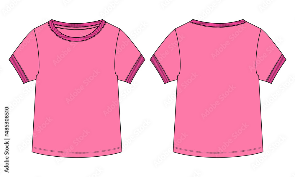 Short sleeve T-shirt Technical fashion Flat sketch template for Women's and baby Girls. Vector art illustration Clothing Pink color mock. Easy Edit customizable isolated on white background. Short sleeve T-shirt Technical fashion Flat sketch template for Women's and baby Girls. Vector art illustration Clothing Pink color mock. Easy Edit customizable isolated on white background.