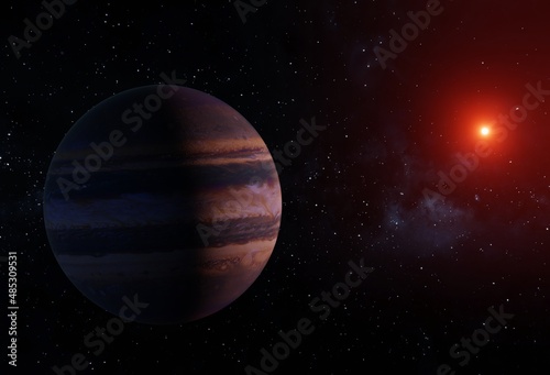 3D render of a blue and white striped gas giant gas giant exoplanet similar to Jupiter near his red dwarf star with the Milky Way in the background
