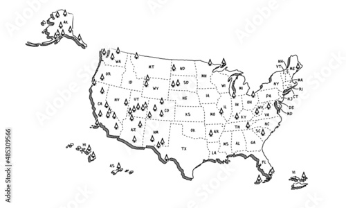 Vector hand drawn map of the 63 National Parks in the US. USNPs black and white illustrated map. Full vector global color swatch photo