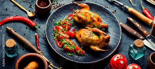 Quadro em tela Fried quails, dietary meat.