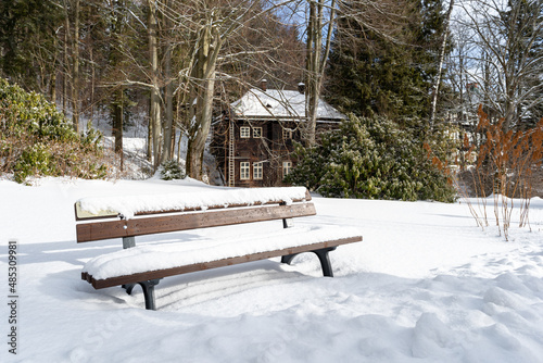 winter snowy forest in a mountain landscape with a stream and a cottage photo