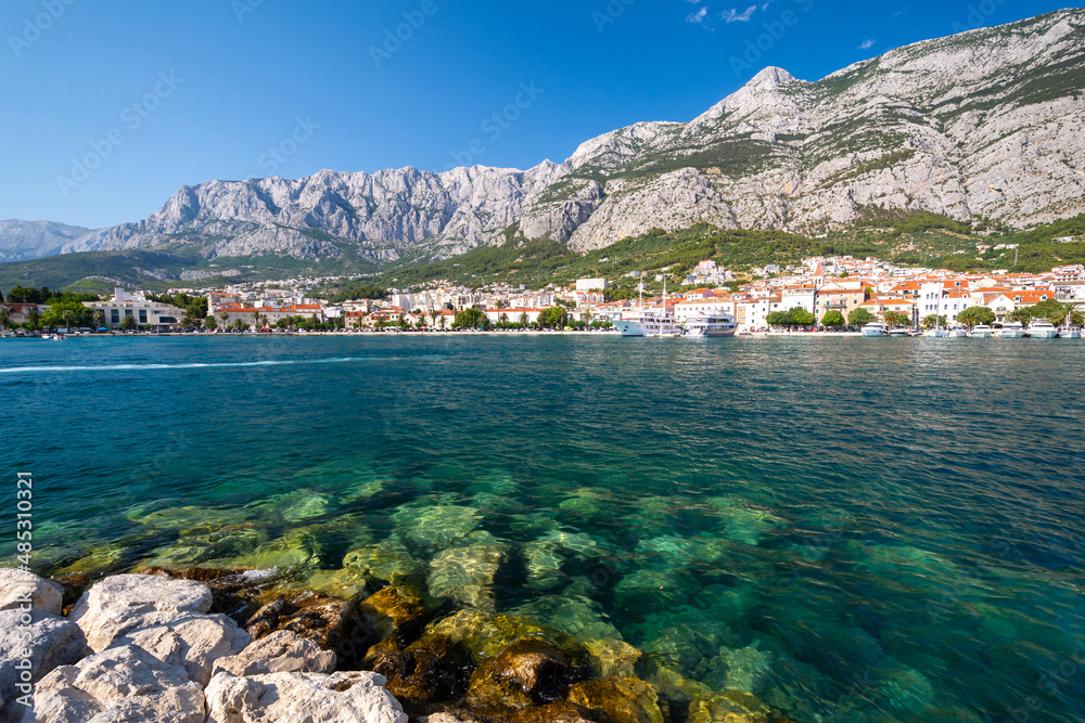 view on Makarska town with Biokovo mountains in Dalmatia in Croatia