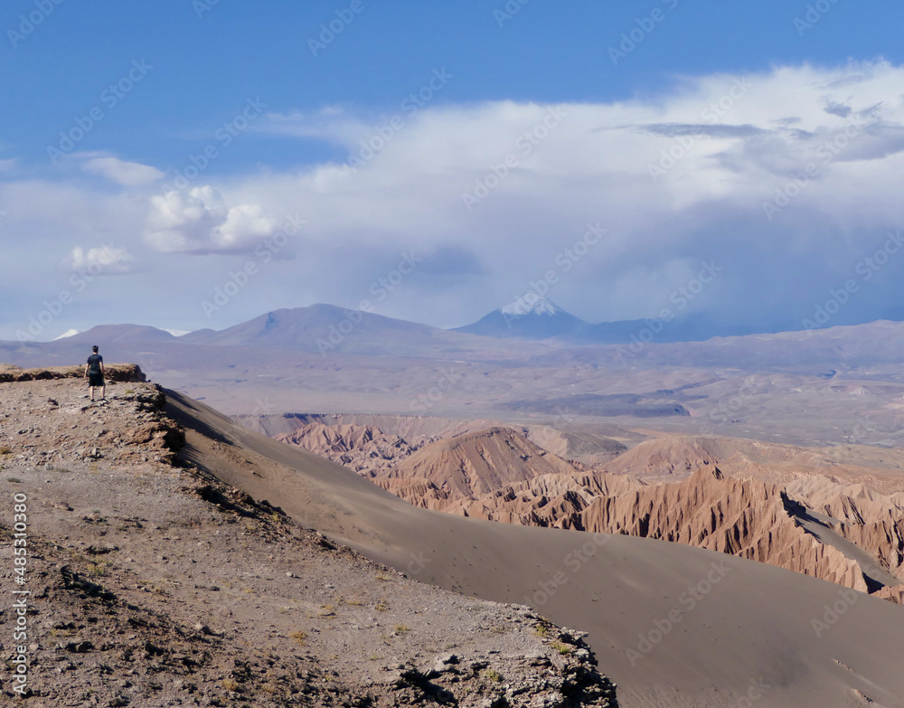 Lonely hiker standing on canyon in Atacama desert mountain landscape with impressive view Lonely hiker standing on canyon in Atacama desert mountain landscape with impressive view