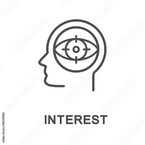 Icon – interest. Increased attention to something. In the drawing, the eye is focused on an attractive object. The thin contour lines.