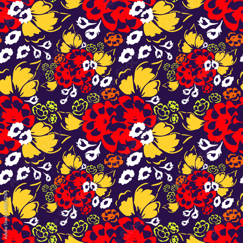Wallpaper Mural Bright seamless pattern with silhouettes of flowers and leaves on an isolated background. Creative floral retro background. For paper wallpaper, dish design, fabric, textile, wrapping paper.  Torontodigital.ca