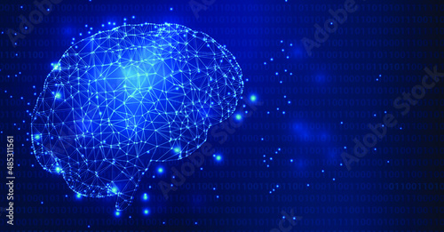 Machine learning concept. Low poly wireframe with a human brain connected to a computer circuit board. Concept of future programming software and science.