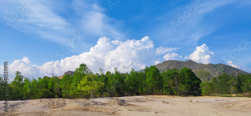Natural scene including trees, lakes and sand and rocks with many colors