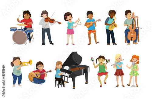 Illustrations with children musicians playing different musical instruments.