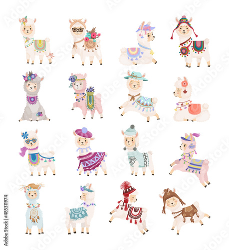 Collection of cute llama characters in boho style. Children's illustrations.