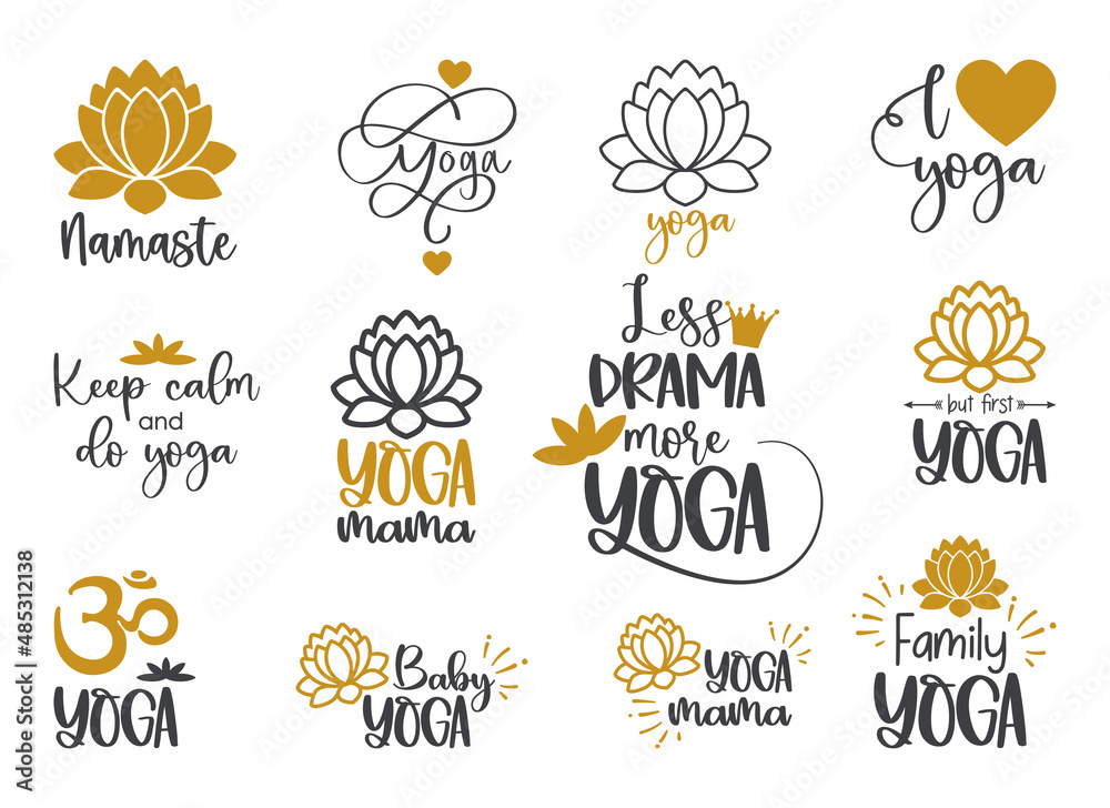 Set of yoga symbols and inscriptions. Lotus flower and OM yoga logo. Funny  yoga quotes template Stock Vector | Adobe Stock
