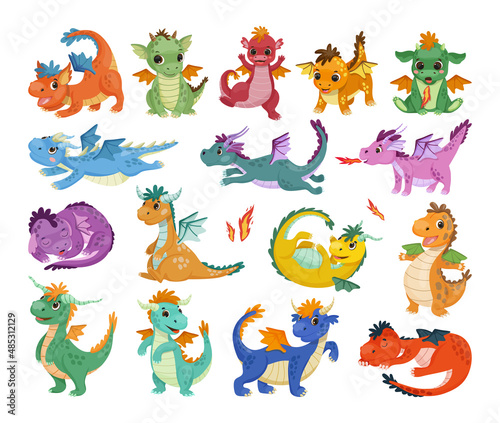 Collection of cute dragons in cartoon style. Children's illustrations.