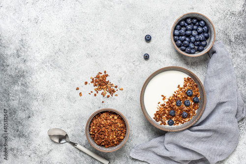 Yogurt with homemade granola and blueberries in a bowl on a gray grunge background. View from above.