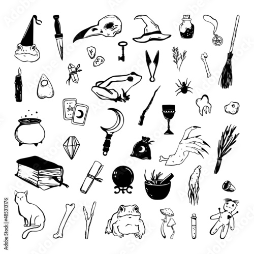 A collection of black magic symbols for witchcraft and divination. Occult icons.