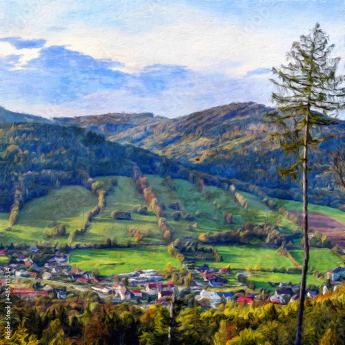 Digital landscape view oil painting with real brush strokes effect. Contemporary impressionism mixed style wall art print. Travel nature scene. Vacation postcards wall art print design beauty artwork.