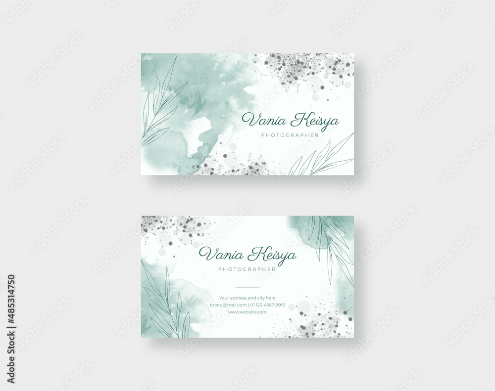 Beautiful business card template with green watercolor texture