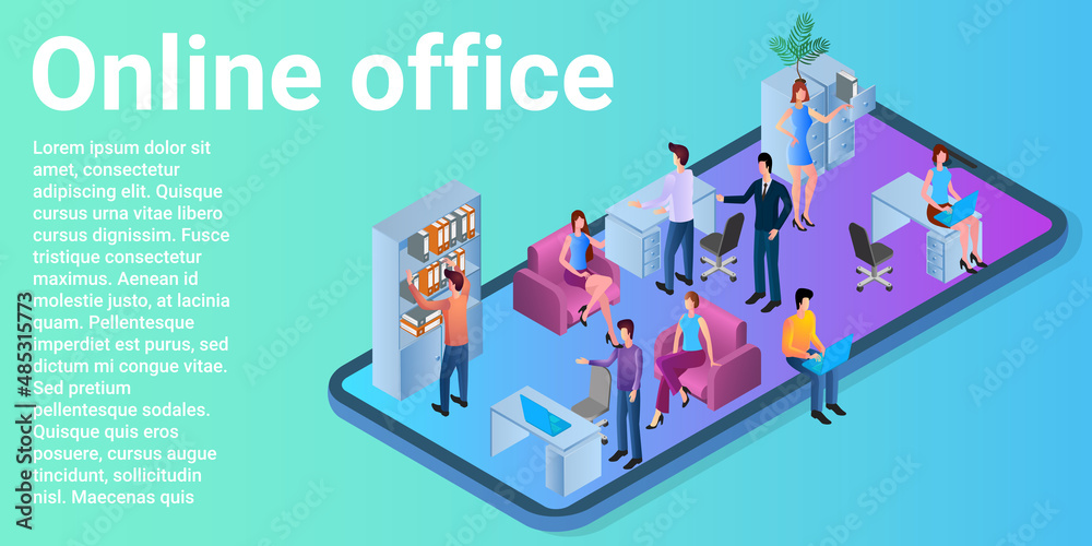 Online office.Using the app on a smartphone for remote work.Programs that help office workers..Poster in business style.Flat vector illustration. Online office.Using the app on a smartphone for remote work.Programs that help office workers..Poster in business style.Flat vector illustration.