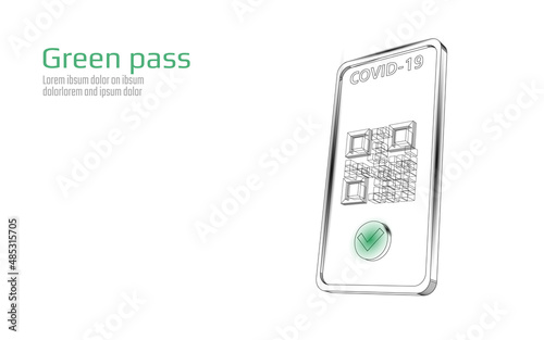 COVID-19 Green Pass QR-code 3D concept. Phone app screen health passport mobile app certificate. Safe travel coronavirus immunization poster vector illustration