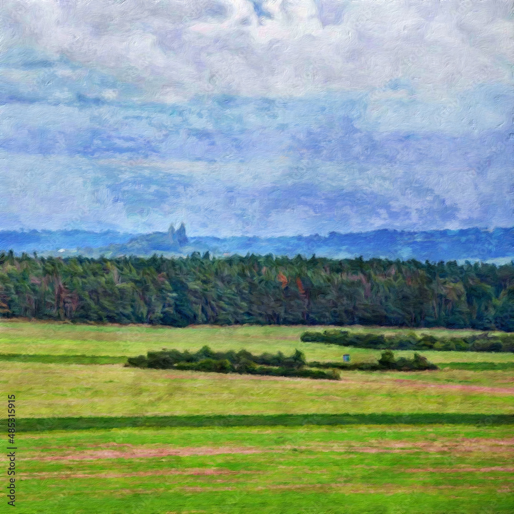 Obraz premium Painting on canvas beautiful travel landscape. Nature view wall art print oil mixed paint modern art. Large size drawing illustration. Touristic place wallpaper.