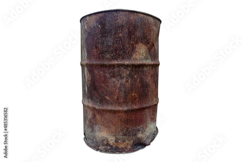 Old and rusty gallon bucket on white background.
