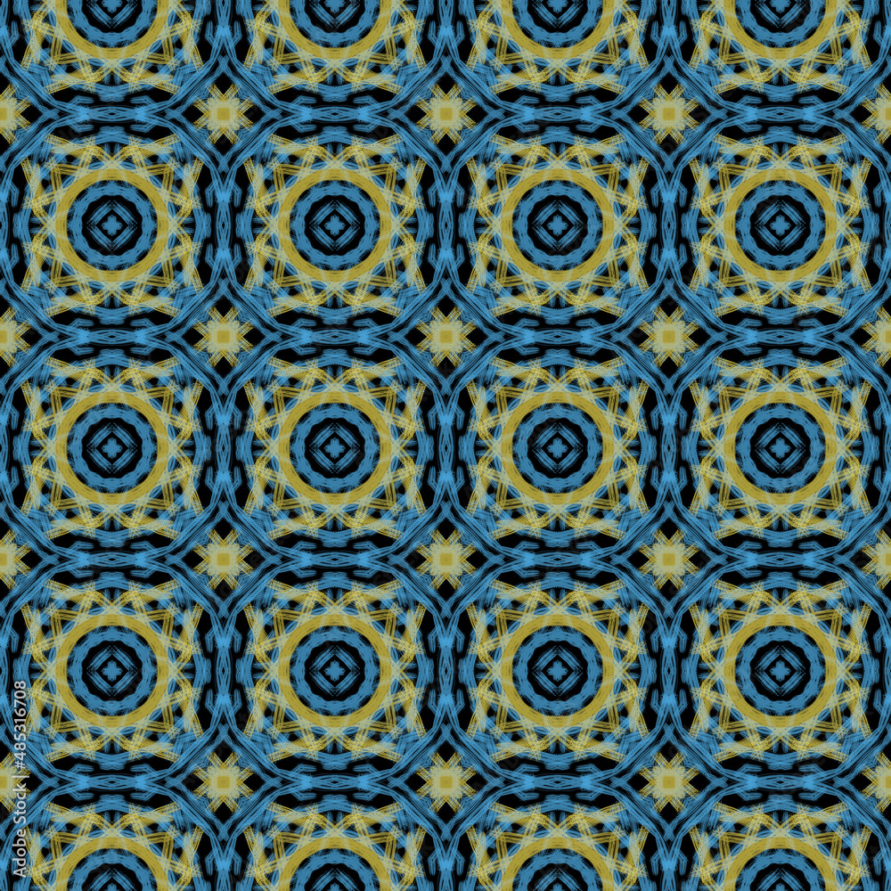 Seamless geometric pattern of circles, lines, bubbles. Multicolored ornament on a blue background, hand-drawn. Oriental, ethnic motifs. Design of background, wallpaper, textiles, fabric, packaging.
