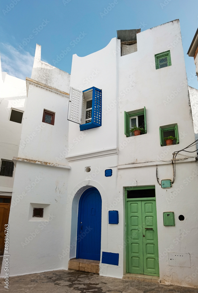 White buildings in the medina of Asilah in Morocco