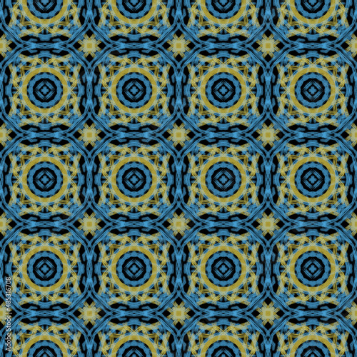 Seamless geometric pattern of circles, lines, bubbles. Multicolored ornament on a blue background, hand-drawn. Oriental, ethnic motifs. Design of background, wallpaper, textiles, fabric, packaging.
