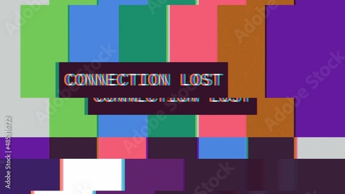 A test screen on the TV, with a fat heavy intentional distortion and glitch effect, and the text message in a box: Connection Lost. 
