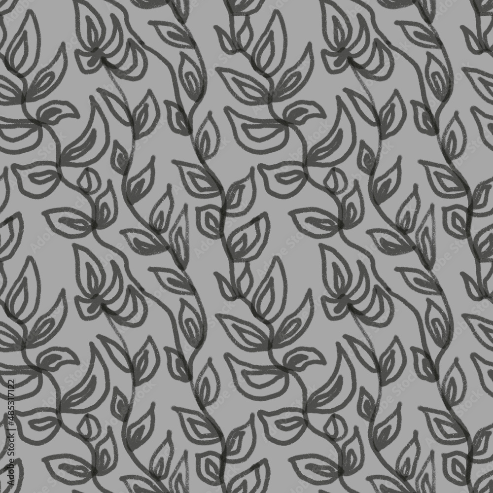 Seamless pattern of twigs with leaves on a gray background, hand-drawn. Design of template, wallpaper, background, fabric, textiles, packaging. Seamless pattern of twigs with leaves on a gray background, hand-drawn. Design of template, wallpaper, background, fabric, textiles, packaging.