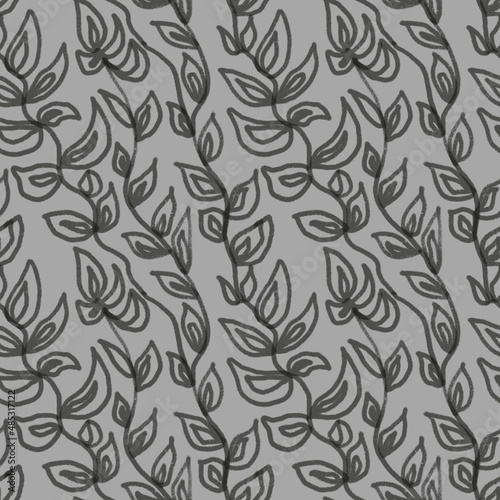 Seamless pattern of twigs with leaves on a gray background, hand-drawn. Design of template, wallpaper, background, fabric, textiles, packaging.