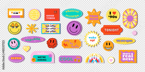 Cool trendy retro stickers with smile faces, cartoon comic label patches. Funky, hipster retrowave stickers in geometric shapes. Vector illustration of y2k , 90s graphic design badges